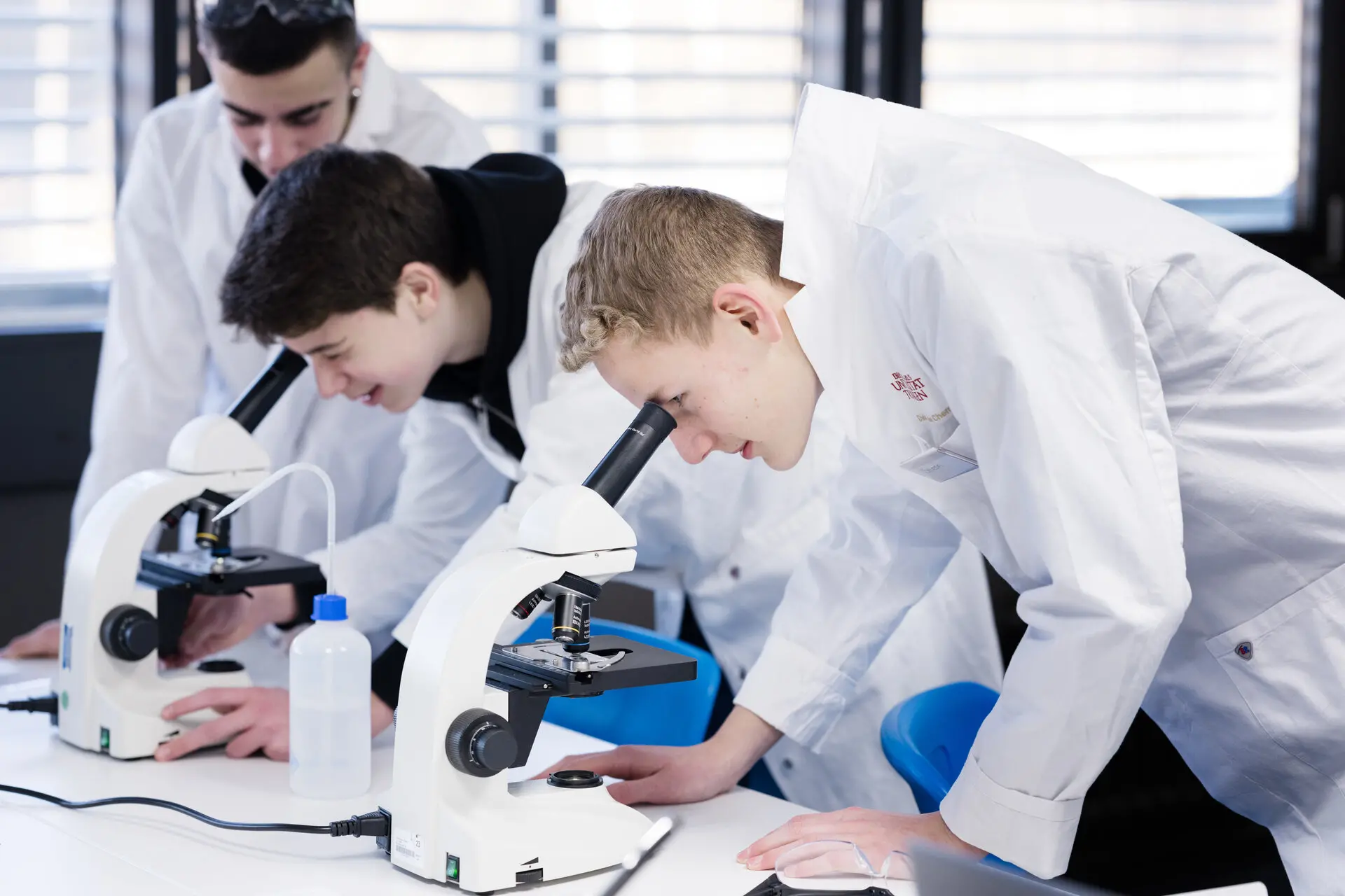 Schüler schauen durch ein Mikroskop